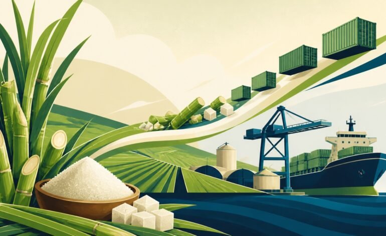 Ilustração conceitual da cadeia de açúcar e das exportações de Guaíra