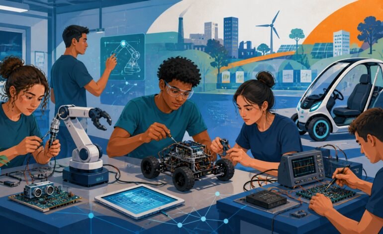 Ilustração conceitual de estudantes desenvolvendo tecnologia aplicada em uma FATEC