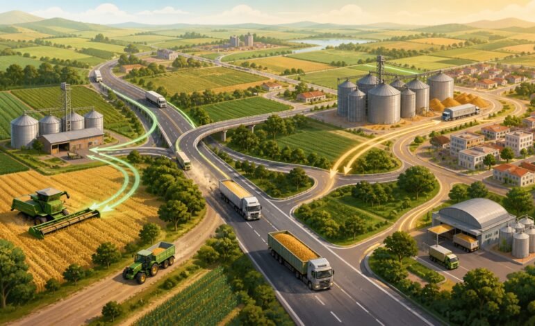 Ilustração conceitual da Rota do Agro atravessando o Sudoeste paulista