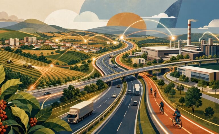 Ilustração conceitual da Rota Mogiana conectando cidades e áreas produtivas