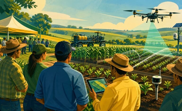 Ilustração conceitual de tecnologia e negócios rurais na Agro Mogi
