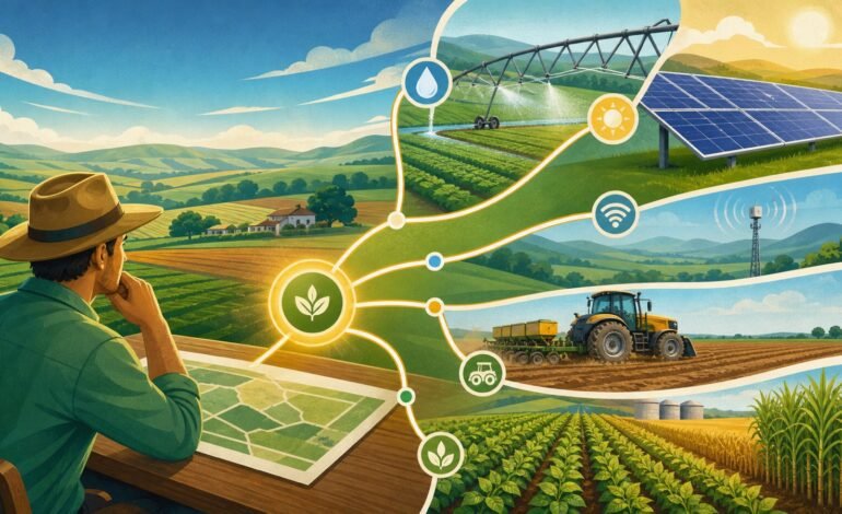 Ilustração conceitual de crédito rural aplicado a irrigação, energia e conectividade