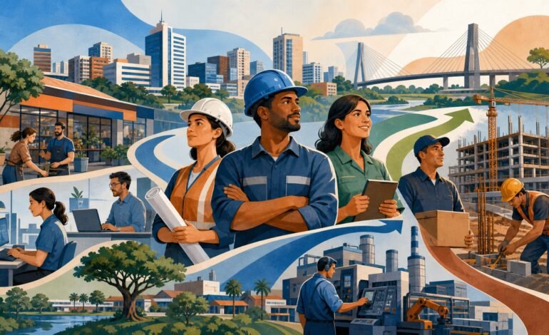 Ilustração conceitual de serviços, indústria e construção gerando empregos em Araçatuba