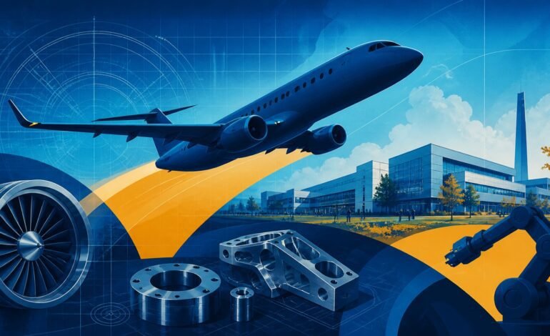 Ilustração conceitual da indústria aeroespacial em São José dos Campos