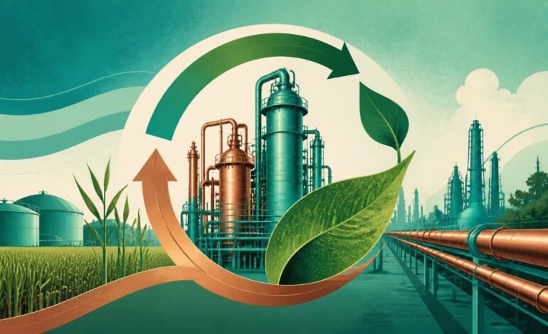 Ilustração conceitual do crescimento industrial sustentável em Paulínia