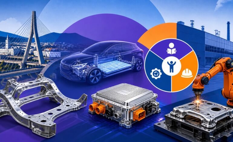 Ilustração conceitual da indústria automotiva e eletrificação em Taubaté