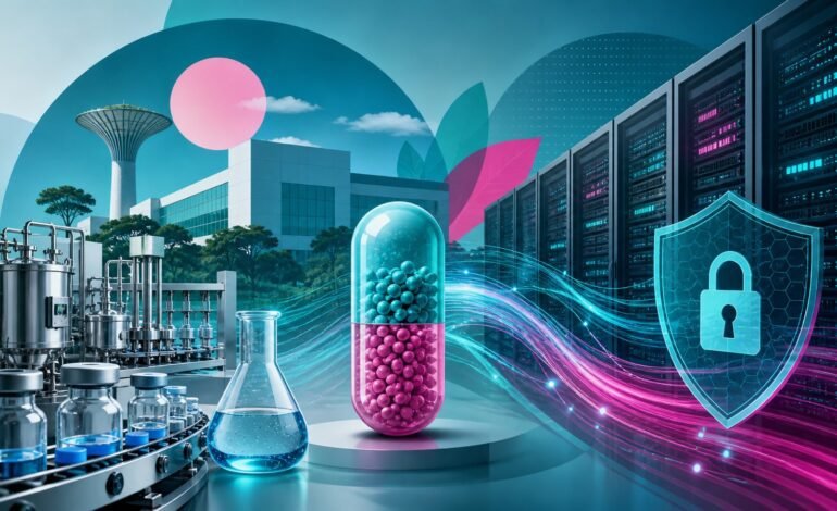 Ilustração conceitual da indústria farmacêutica e tecnologia em Hortolândia