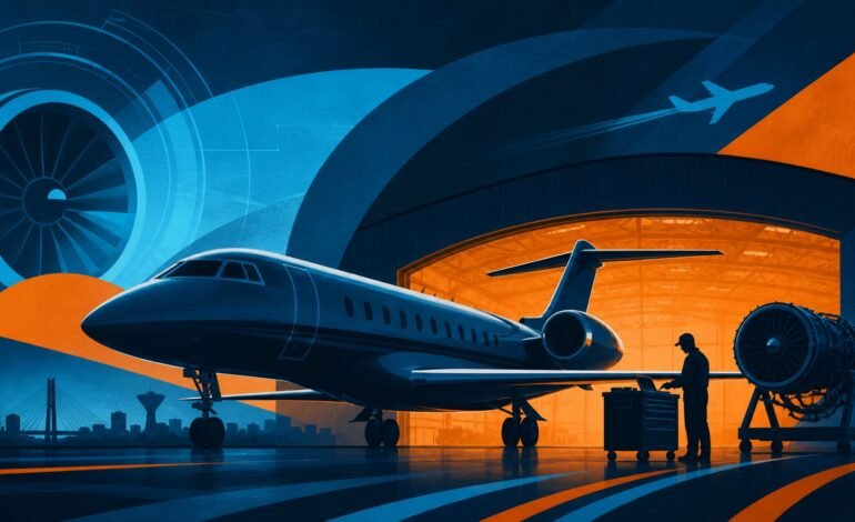 Ilustração conceitual da cadeia aeronáutica e manutenção em Sorocaba