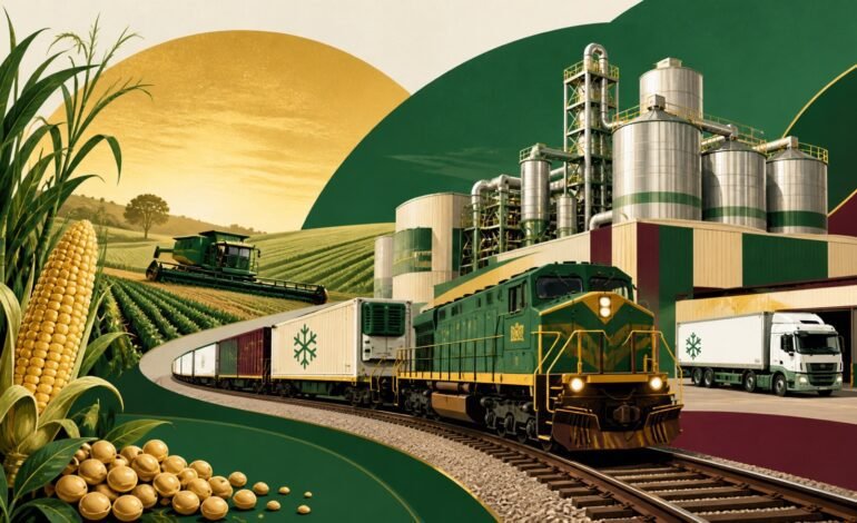 Ilustração conceitual da agroindústria e logística ferroviária em Araraquara
