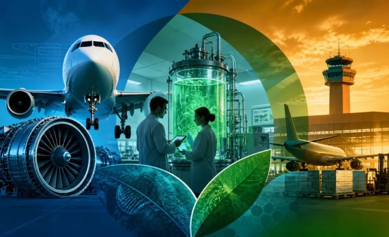 Ilustração conceitual da aeronáutica e biotecnologia em Botucatu