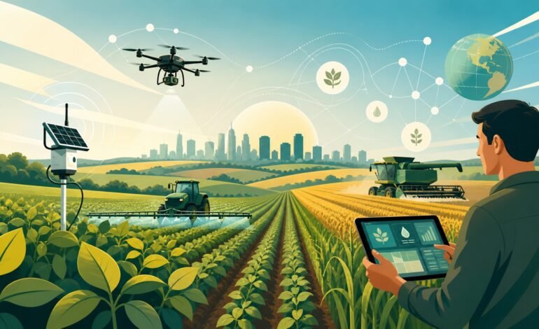 Ilustração conceitual de lavoura, sensores e inovação agrícola em Ribeirão Preto