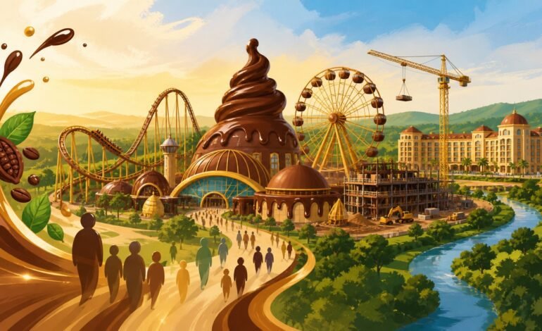 Ilustração conceitual de parque temático inspirado em chocolate entre Itu e Porto Feliz