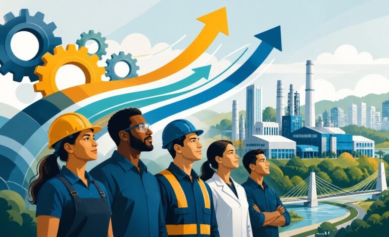 Ilustração conceitual de indústria, trabalhadores e crescimento econômico em Sorocaba