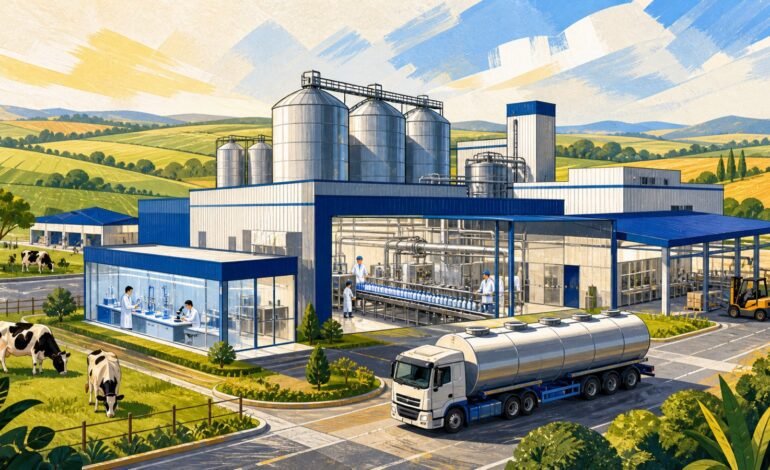 Ilustração conceitual de uma fábrica de nutrição modernizada no interior paulista