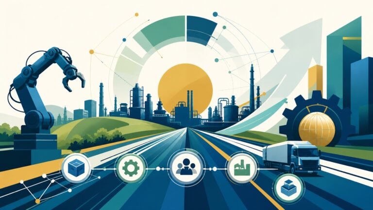 Ilustração conceitual de fábricas, tecnologia e investimentos na região de Campinas