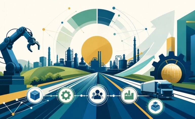 Ilustração conceitual de fábricas, tecnologia e investimentos na região de Campinas