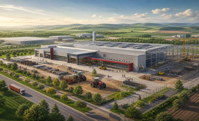 Ilustração conceitual de uma fábrica de máquinas agrícolas em construção no interior paulista