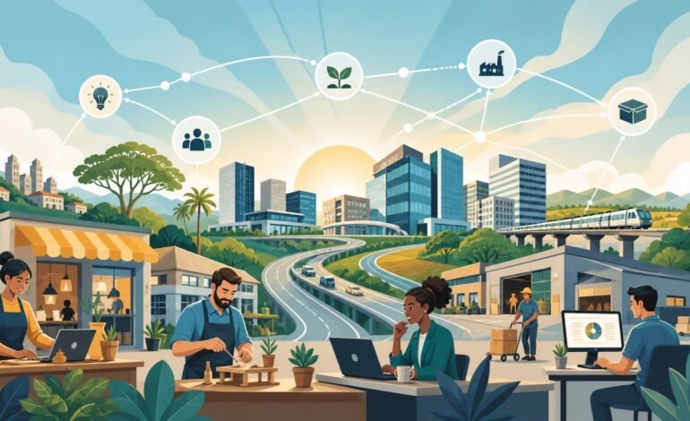 Ilustração conceitual de novas empresas, rodovias e crescimento na região de Campinas