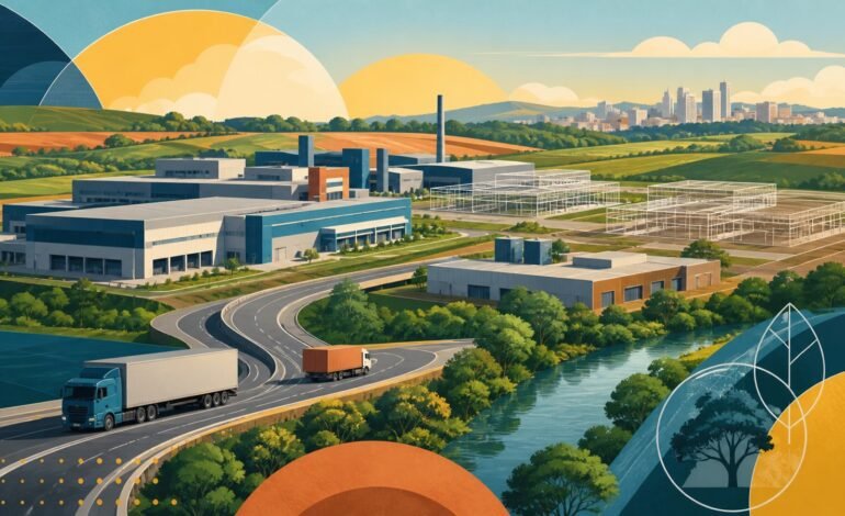 Ilustração conceitual de distrito industrial, rodovia e área verde em Piracicaba