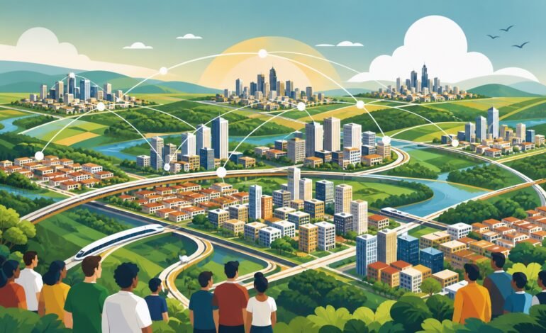 Ilustração conceitual de Ribeirão Preto com moradia, saúde e mobilidade