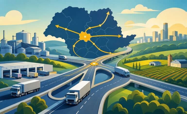 Ilustração conceitual de rodovias e fluxos logísticos na região de Sorocaba