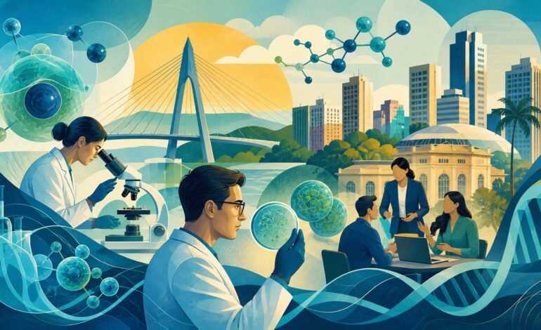 Ilustração conceitual de biotecnologia, saúde e inovação em Ribeirão Preto