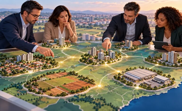 Analistas comparando cidades e tipos de imóveis no interior de São Paulo