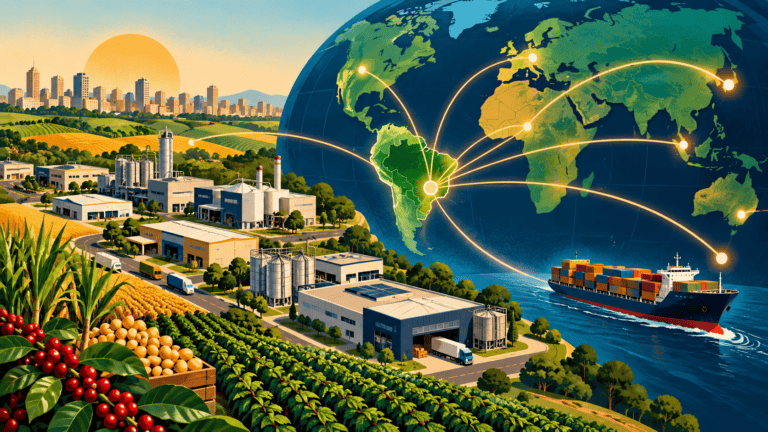 Ilustração conceitual de agroindústria e exportações em Ribeirão Preto
