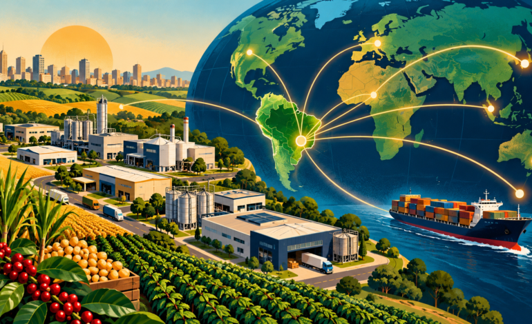 Ilustração conceitual de agroindústria e exportações em Ribeirão Preto