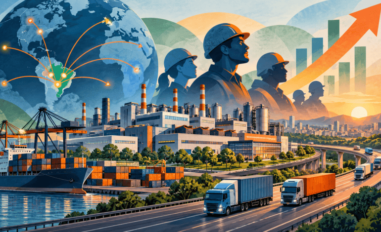 Ilustração conceitual de indústria, empregos e exportações em Sorocaba